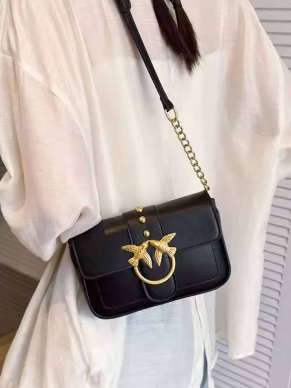 Kohl's Black Shoulder Bag with Gold Bird Ring Accent